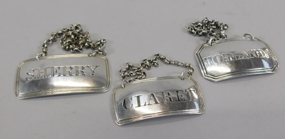 Appraisal: Three thC silver decanter labels for Sherry Hollands Claret various