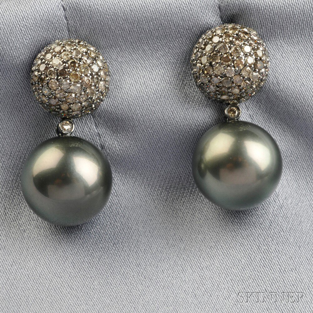 Appraisal: kt White Gold Tahitian Pearl and Diamond Earpendants each pearl