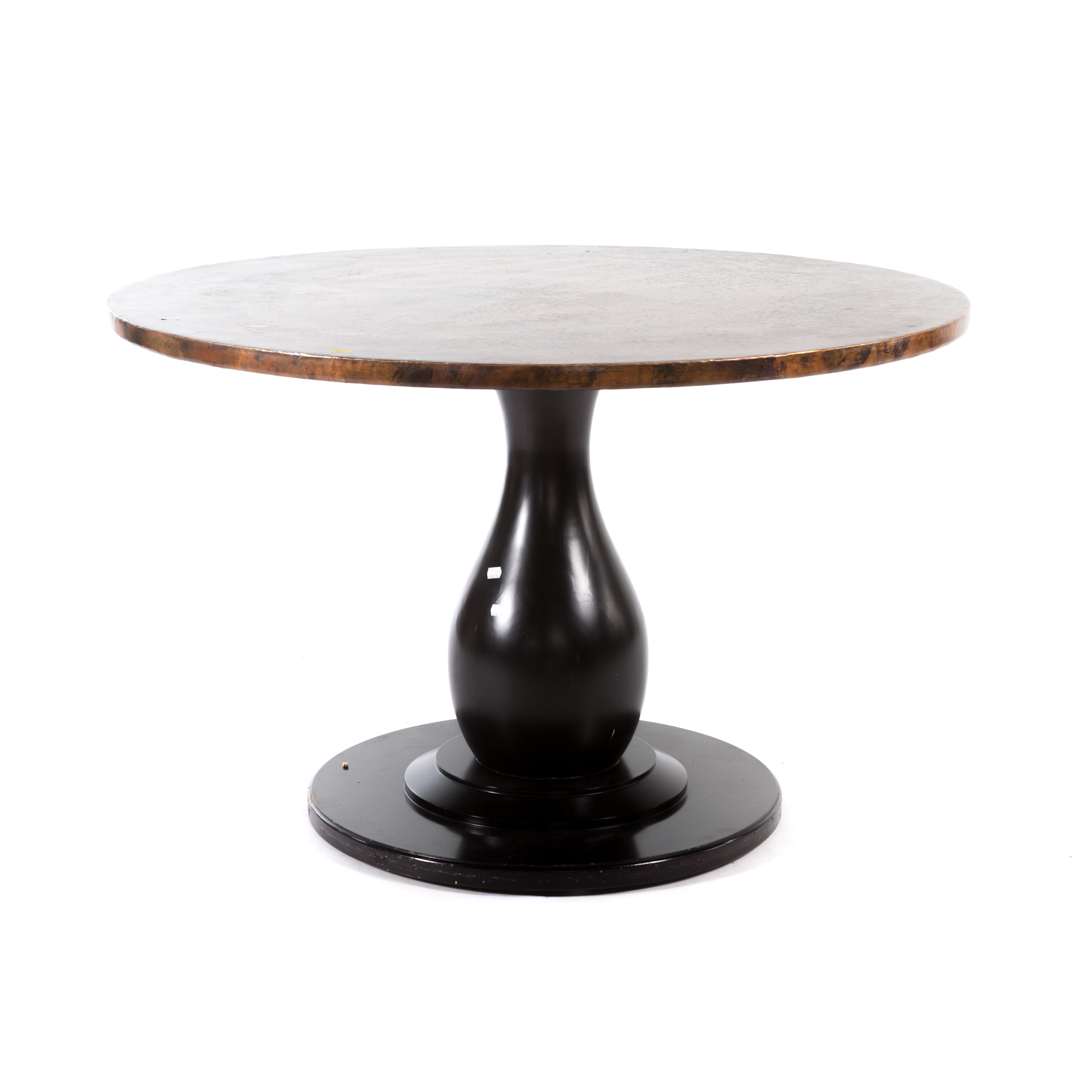 Appraisal: Contemporary hammered painted copper table circular top ebonized wood pedestal