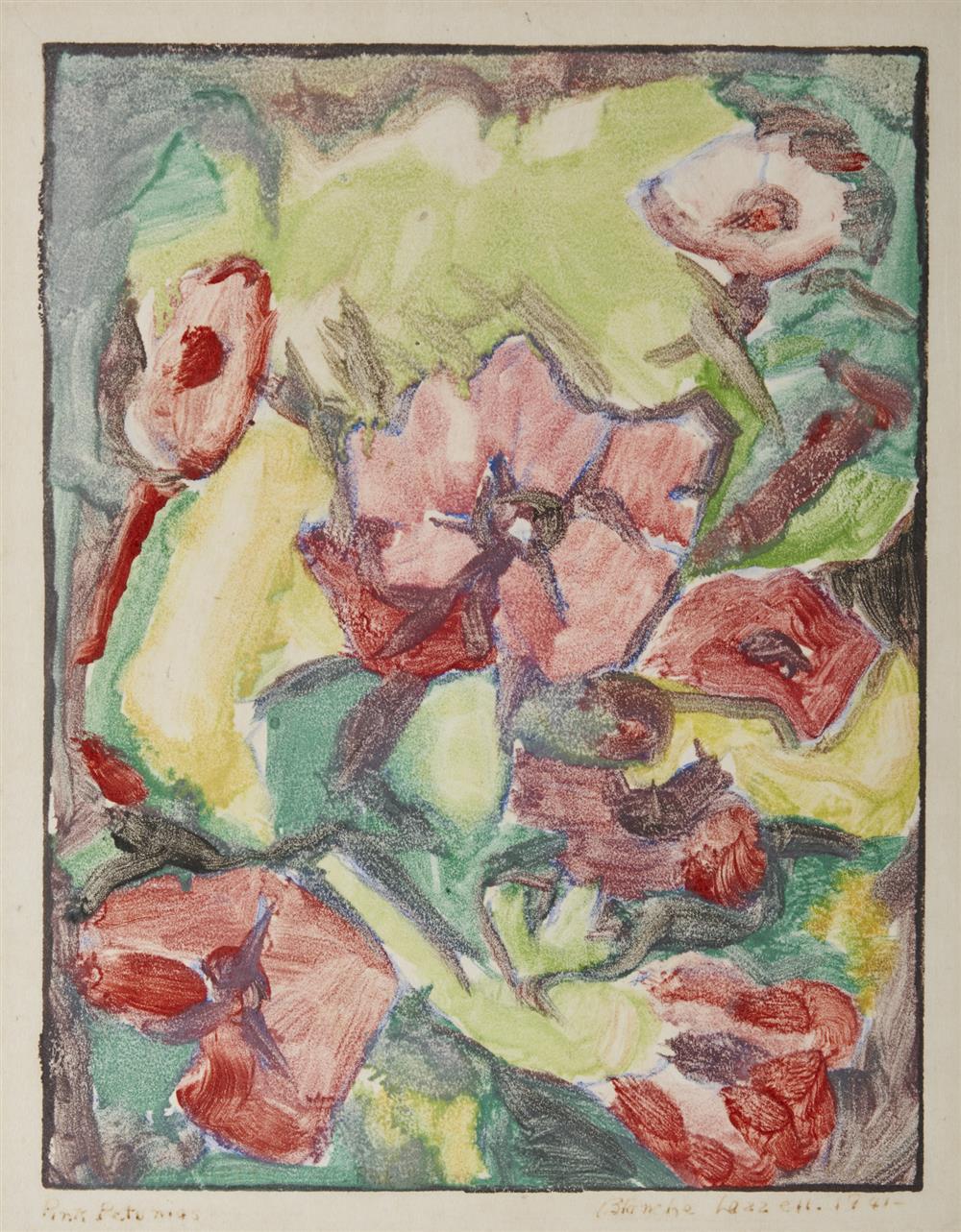 Appraisal: BLANCHE LAZZELL American - Pink Petunias monotype titled in ink