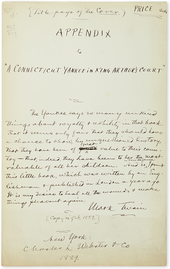 Appraisal: HOLOGRAPH TITLE-PAGE FOR AN ABANDONED WORK TWAIN MARK Autograph Manuscript