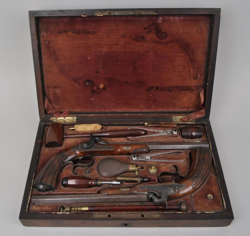 Appraisal: Fine Pair Cased French Percussion Dueling Pistols with '' Damascus