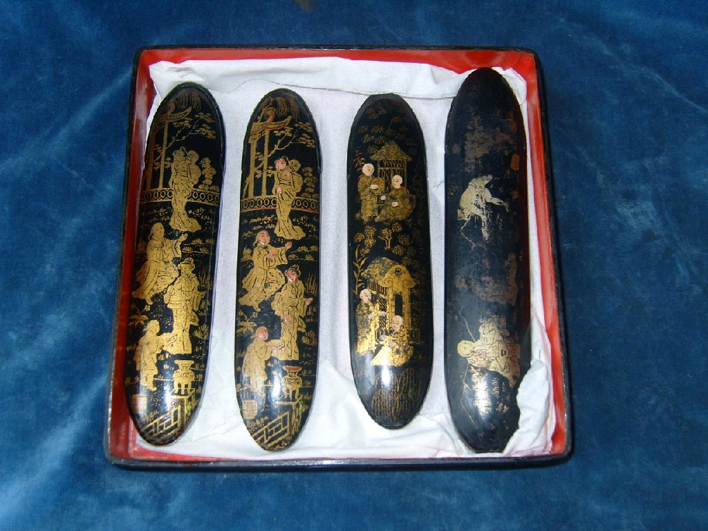 Appraisal: A collection of four Victorian ebonised spectacle cases with chinoiserie