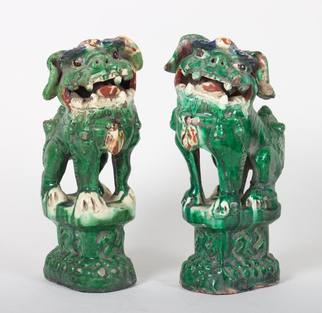 Appraisal: Pr of Chinese glazed terracotta foo dog roof tiles first