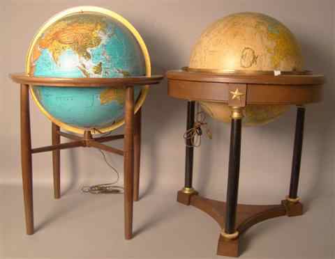 Appraisal: TWO GLOBES WITH STANDS one illuminated globe on wooden stand