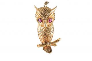 Appraisal: An Owl Pendant with Ruby Eyes Pendant of an owl