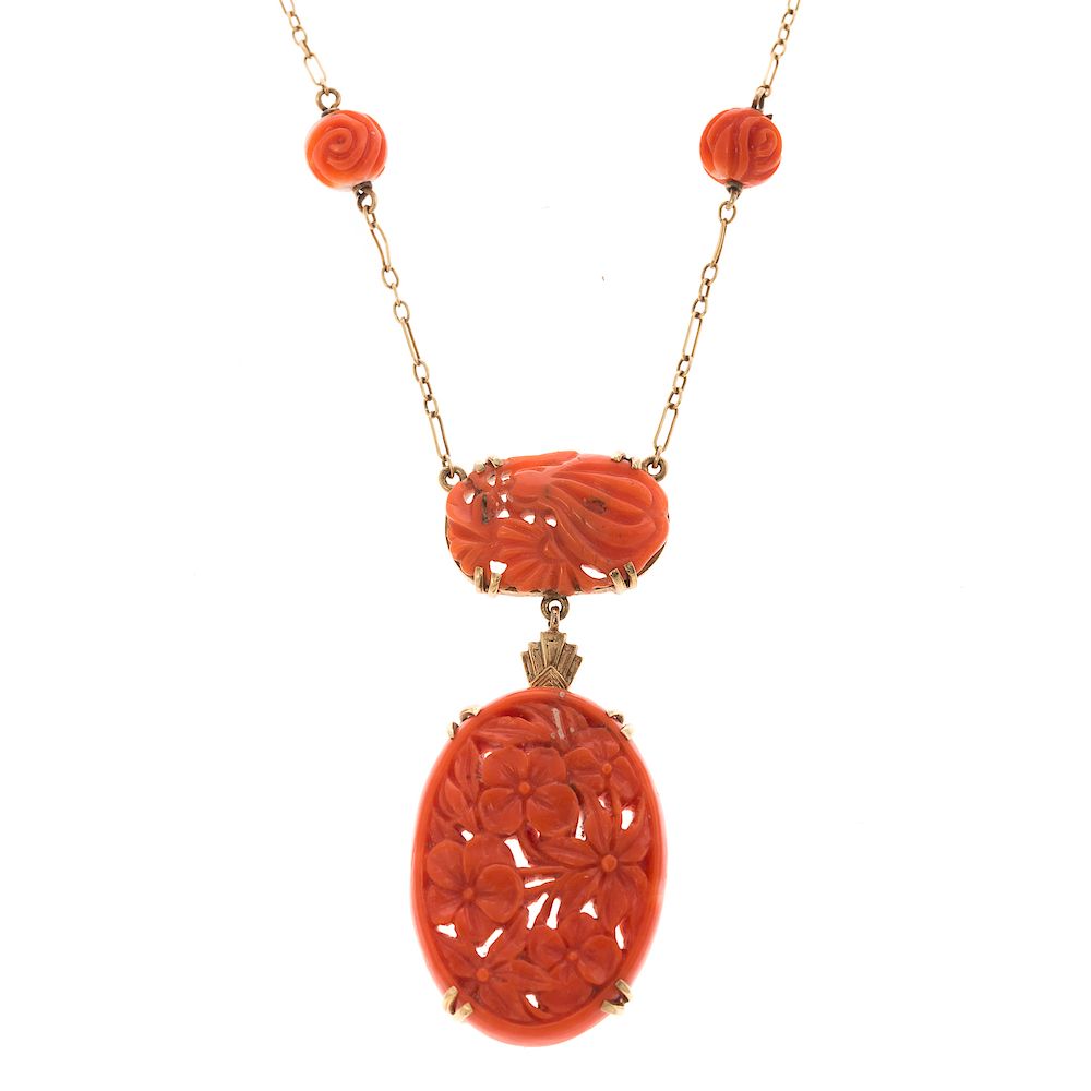 Appraisal: A Vintage Carved Coral Necklace in K K yellow gold