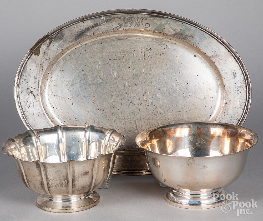 Appraisal: Sterling silver platter and two bowls Sterling silver platter and