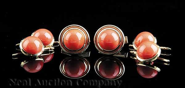 Appraisal: A kt Yellow Gold and Coral Cufflinks and Stud Set