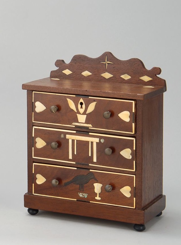 Appraisal: MINIATURE INLAID THREE-DRAWER CHEST In walnut with shaped inlaid backsplash