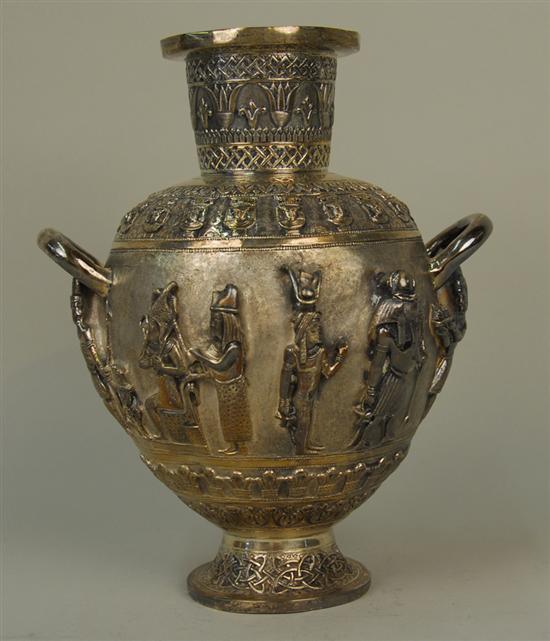 Appraisal: NEAR EASTERN EGYPTIAN STYLE SILVER TWO HANDLED VASE with applied