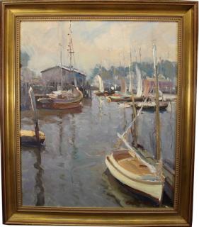 Appraisal: Robert Charles Gruppe born Gloucester Wharf Scene with docked sailboats