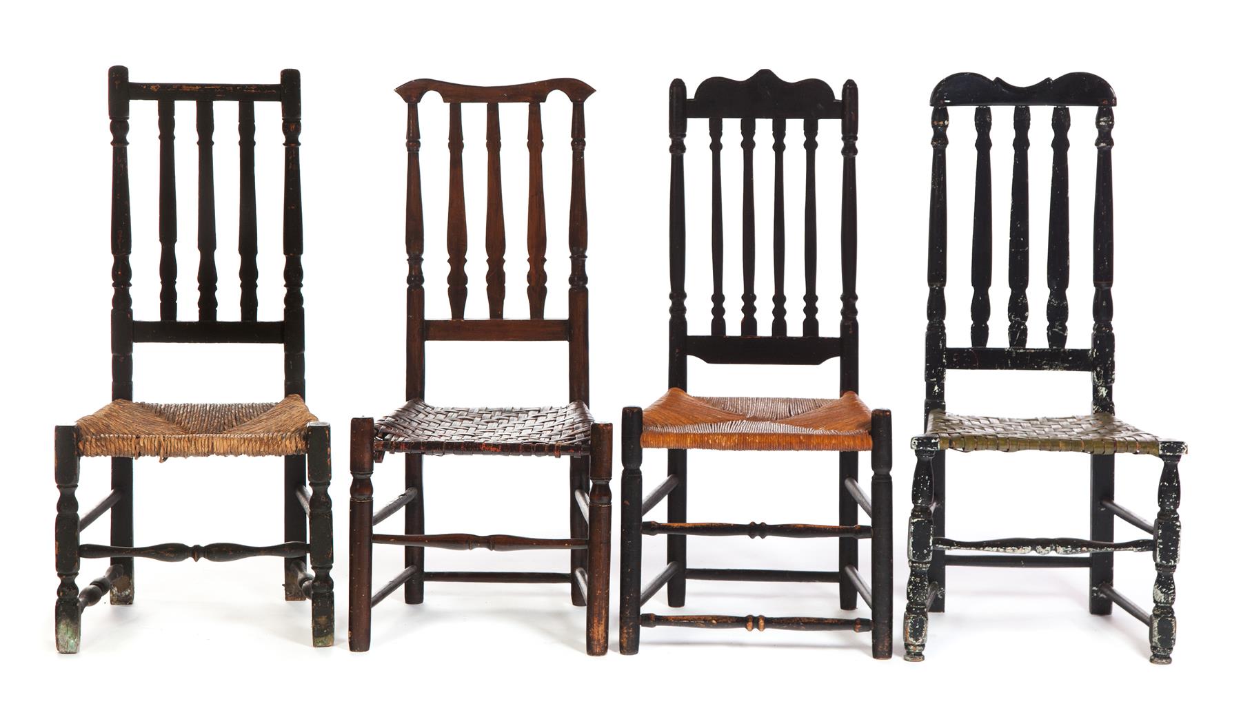 Appraisal: FOUR AMERICAN BANISTER BACK SIDE CHAIRS Eighteenth century mixed woods