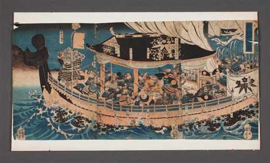 Appraisal: Japanese color woodcut triptych ''Yoshitsune and his Nineteen Loyal Retainers''