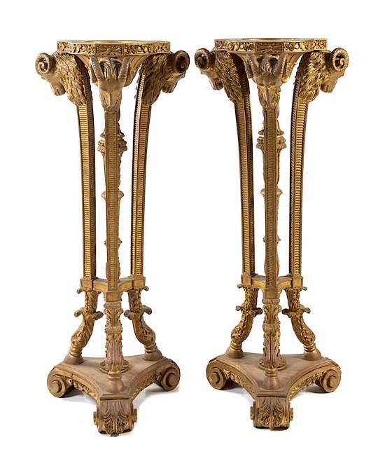 Appraisal: A Pair of Neoclassical Style Giltwood Pedestals Height inches A