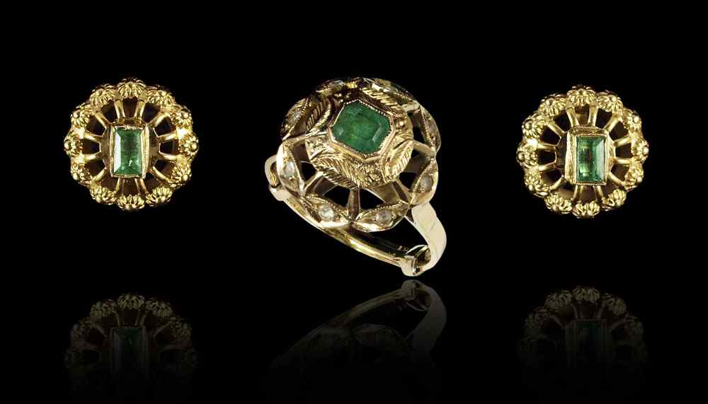 Appraisal: K EMERALD EARRINGS AND RING K yellow gold EARRINGS contain