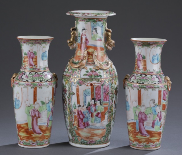 Appraisal: Three th c Rose Medallion Vases Alternating panels of floral