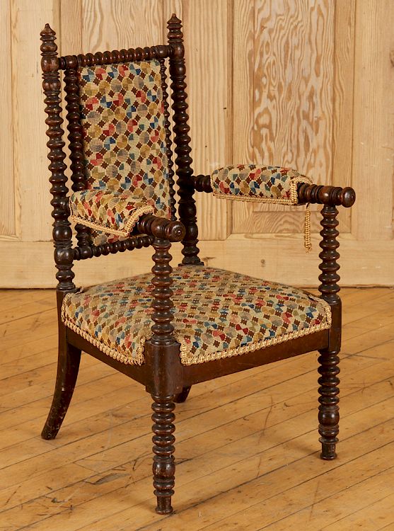 Appraisal: TH C MAHOGANY CHILDS CHAIR NEEDLEPOINT A nineteenth century mahogany