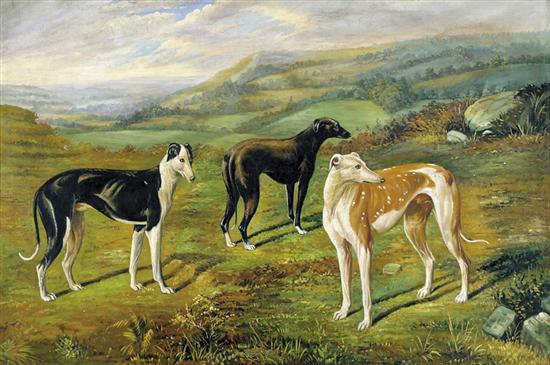 Appraisal: British school th century DOGS IN THE HILLSoil on canvasboard