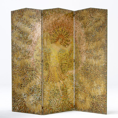 Appraisal: ART DECO Three-panel stretched canvas folding screen painted with female