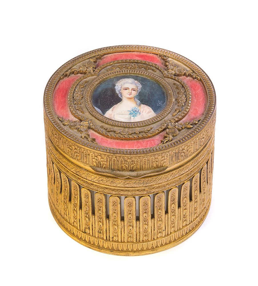 Appraisal: Gilt Bronze Dresser Box w Miniature Painting Signed Gilt Bronze