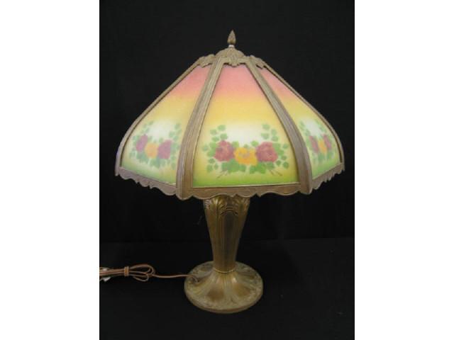 Appraisal: Antique Reverse Painted Table Lamp panel shade floral decor diameter