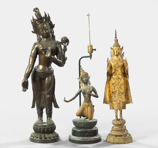 Appraisal: Group of Three Oriental Bronze Figures consisting of a tall