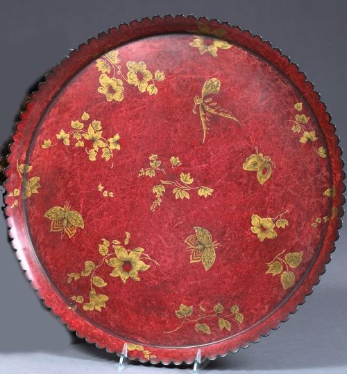 Appraisal: French Circular Parcel-Gilt Red Tole Tray in Flowers and Insects