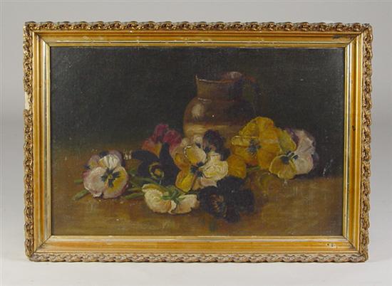 Appraisal: Oil on Canvas Table Floral Still Life With earthenware pitcher