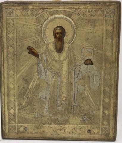 Appraisal: EARLY TH C RUSSIAN ICON ENGRAVED BRASS SILVERPLATE WITH INSET