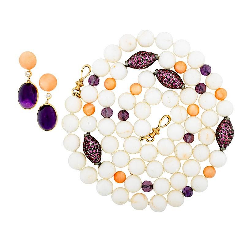 Appraisal: CORAL PURPLE SAPPHIRE AMETHYST NECKLACE EARRINGS The necklace with angel