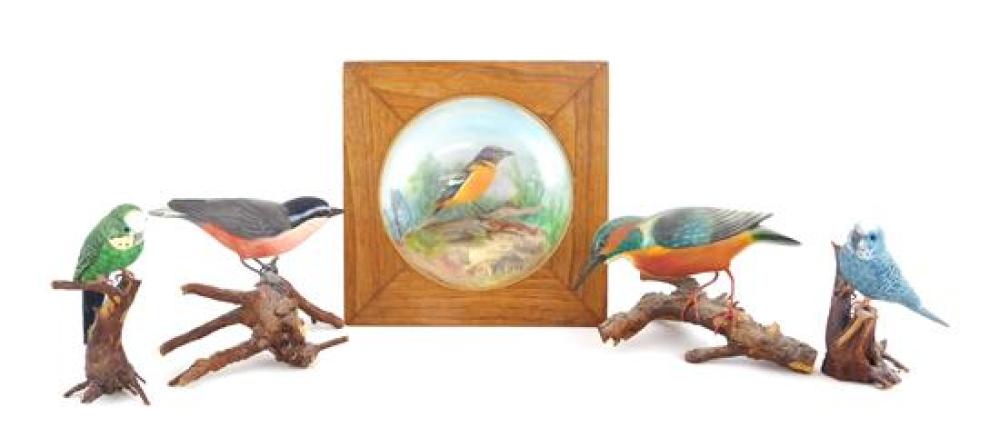 Appraisal: Five bird carvings including one framed behind glass details include