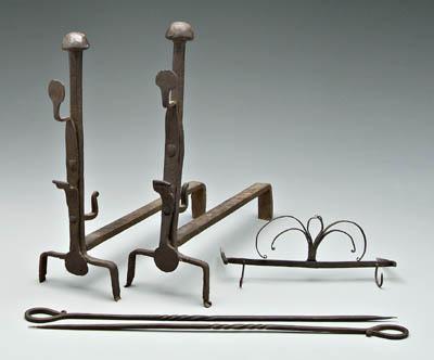 Appraisal: Four iron items pair wrought iron andirons both sides with