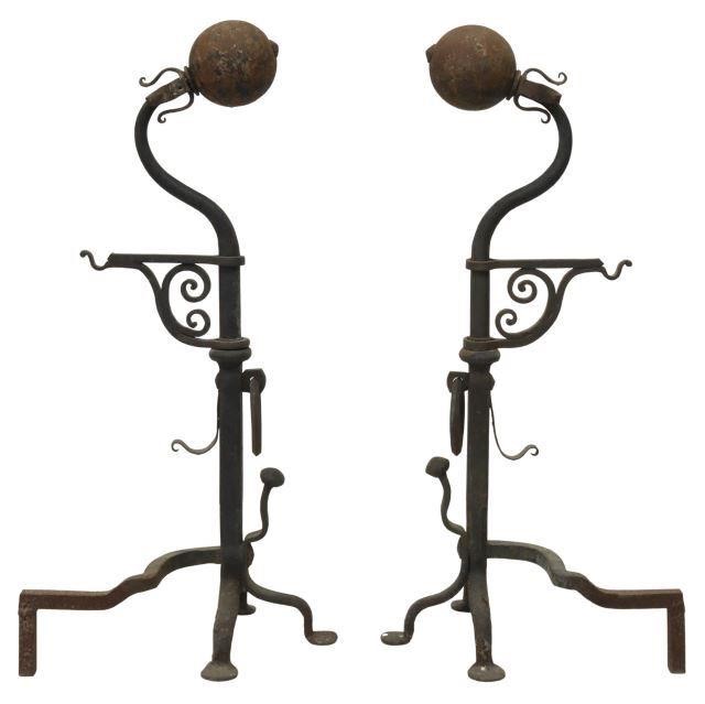 Appraisal: pair Large cast iron gooseneck and ball andirons firedogs late