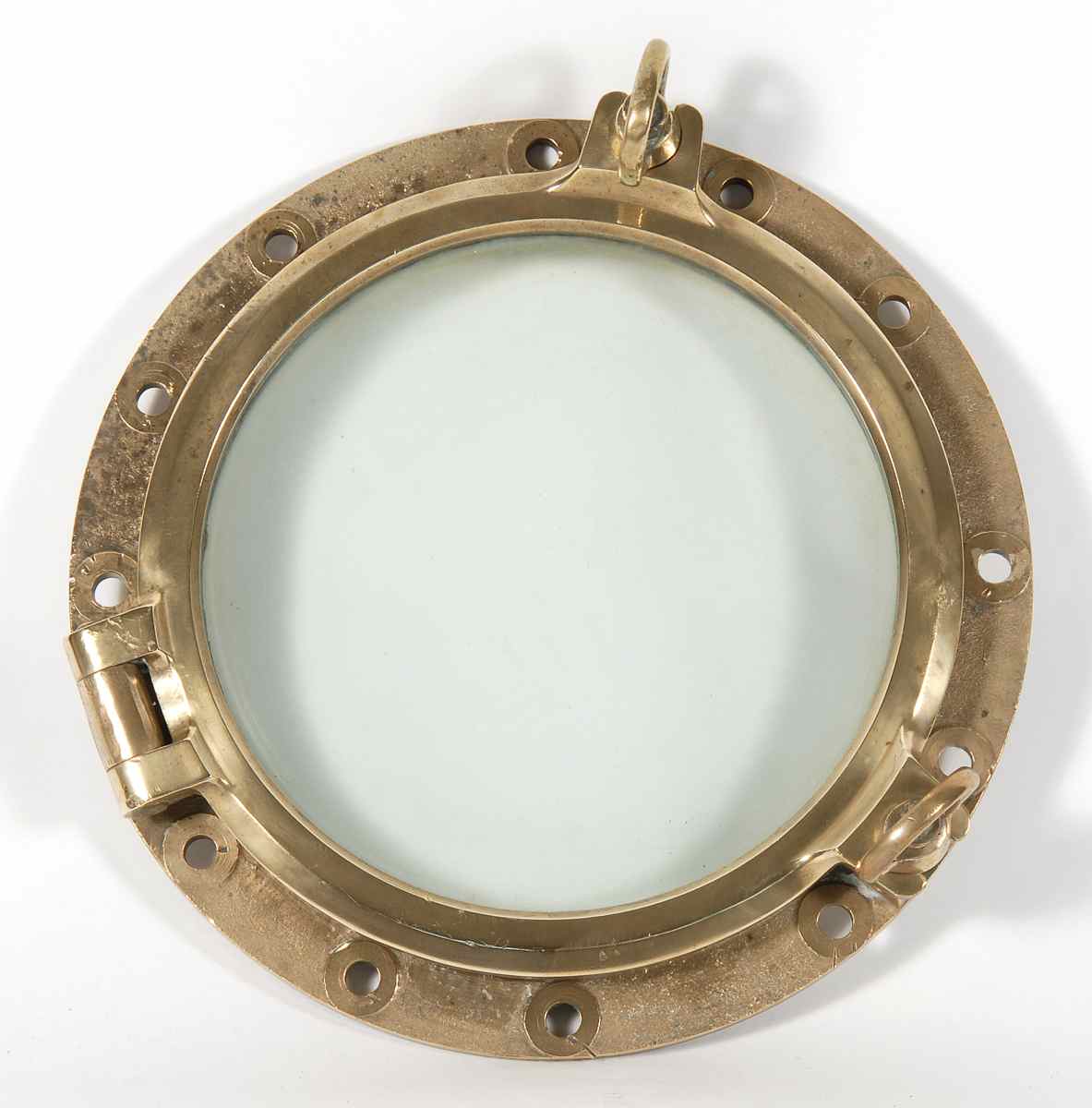 Appraisal: BRASS PORTHOLE With two dogs Diameter of glass Overall diameter