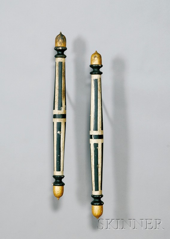 Appraisal: Pair of Black and White Painted Turned Wooden Barber Poles