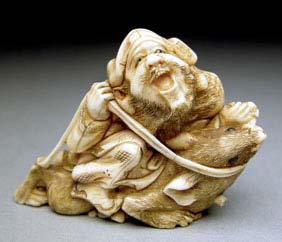 Appraisal: ANTIQUE IVORY OKIMONO Finely detailed antique carved marine ivory okimono