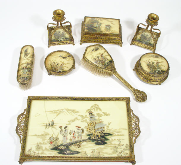 Appraisal: Oriental style gilt metal and lacquered dressing table set comprising