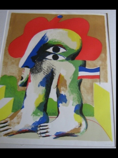 Appraisal: HORST ANTES Figur mit rotem P-Hut und Fahne Color lithograph