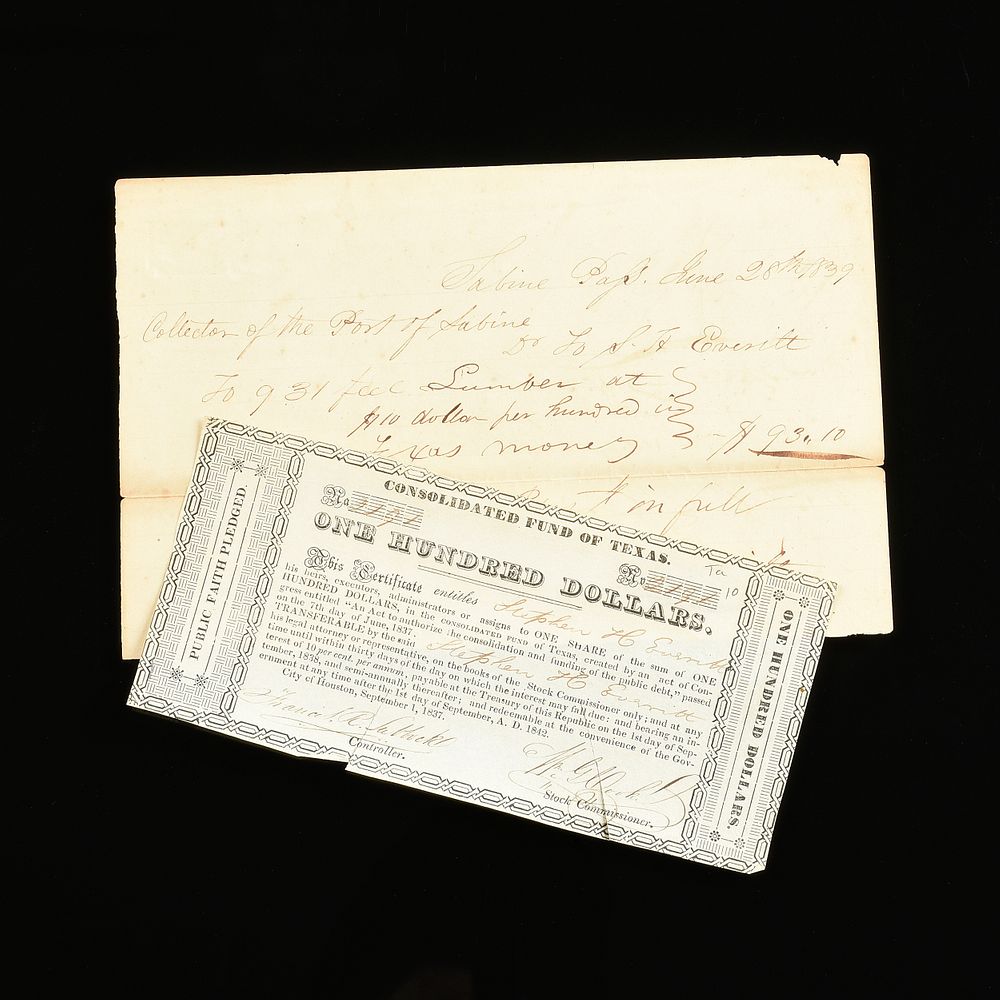 Appraisal: A TWO PIECE TEXAS REPUBLIC NOTE AND MANUSCRIPT RECEIPT FOR