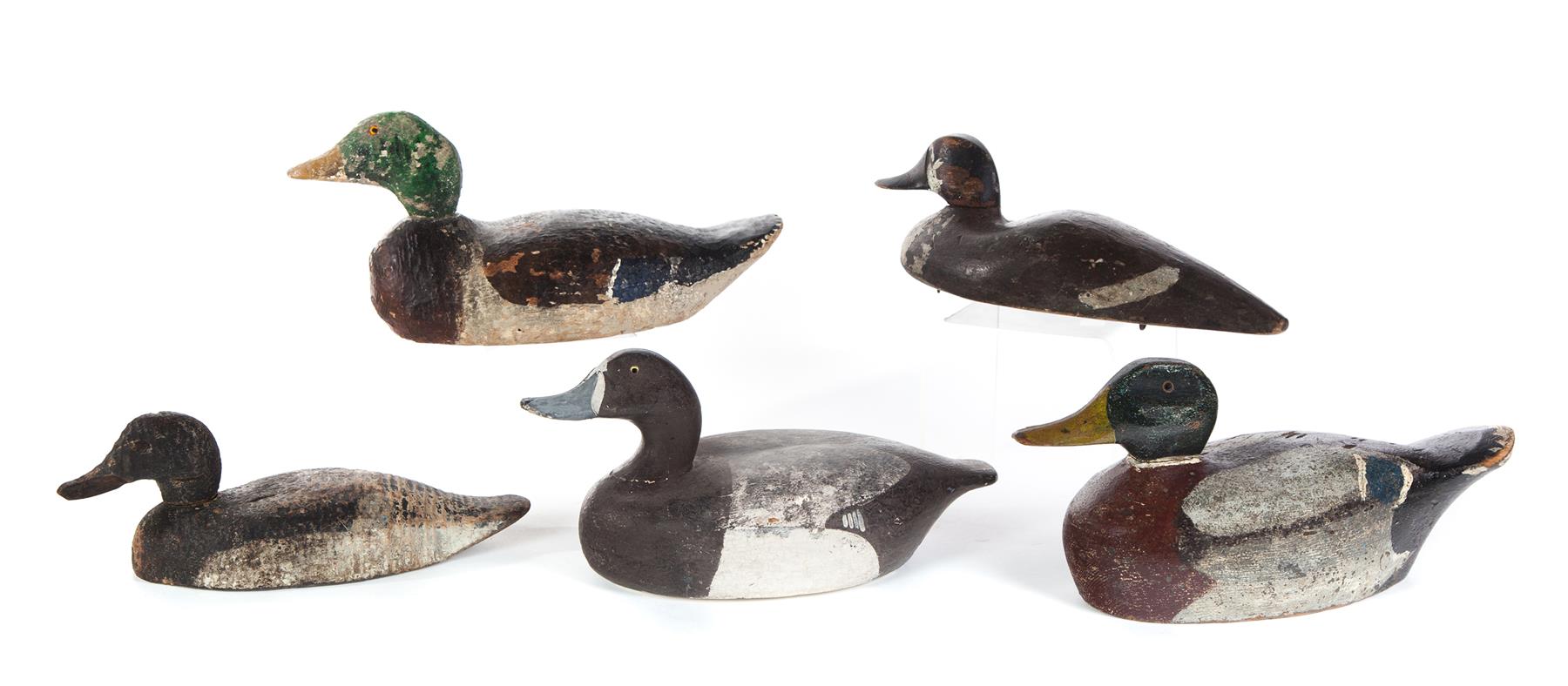 Appraisal: FIVE AMERICAN DUCK DECOYS Mid th century Wooden working decoys