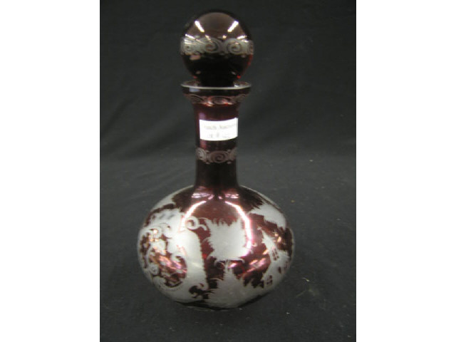 Appraisal: Ruby Cut-to-Clear Decanter Bohemain deer castle decor