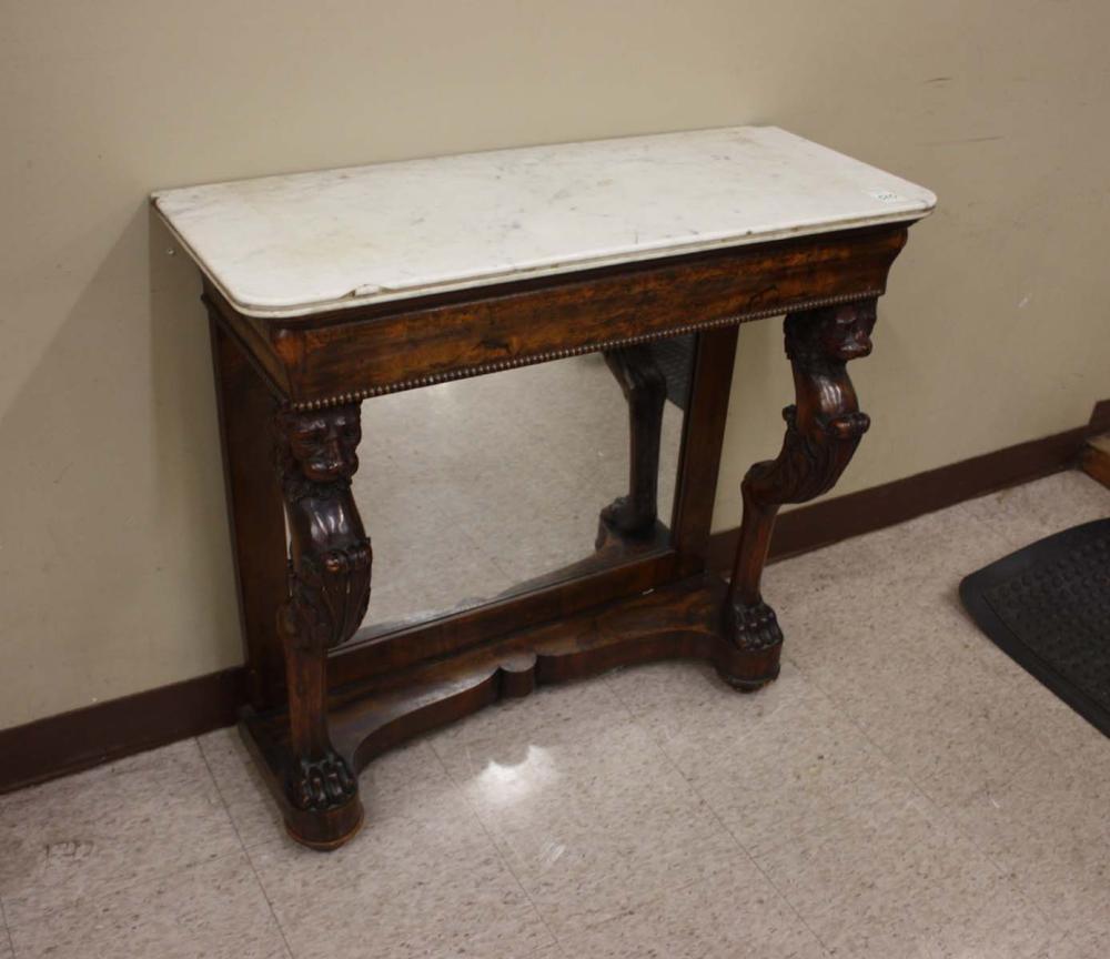 Appraisal: VICTORIAN MARBLE-TOP WALNUT CONSOLE TABLE English th century featuring twin