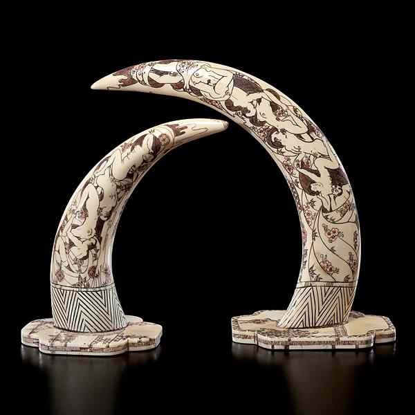 Appraisal: Erotic Japanese Tusks Japanese th century A pair of heavily