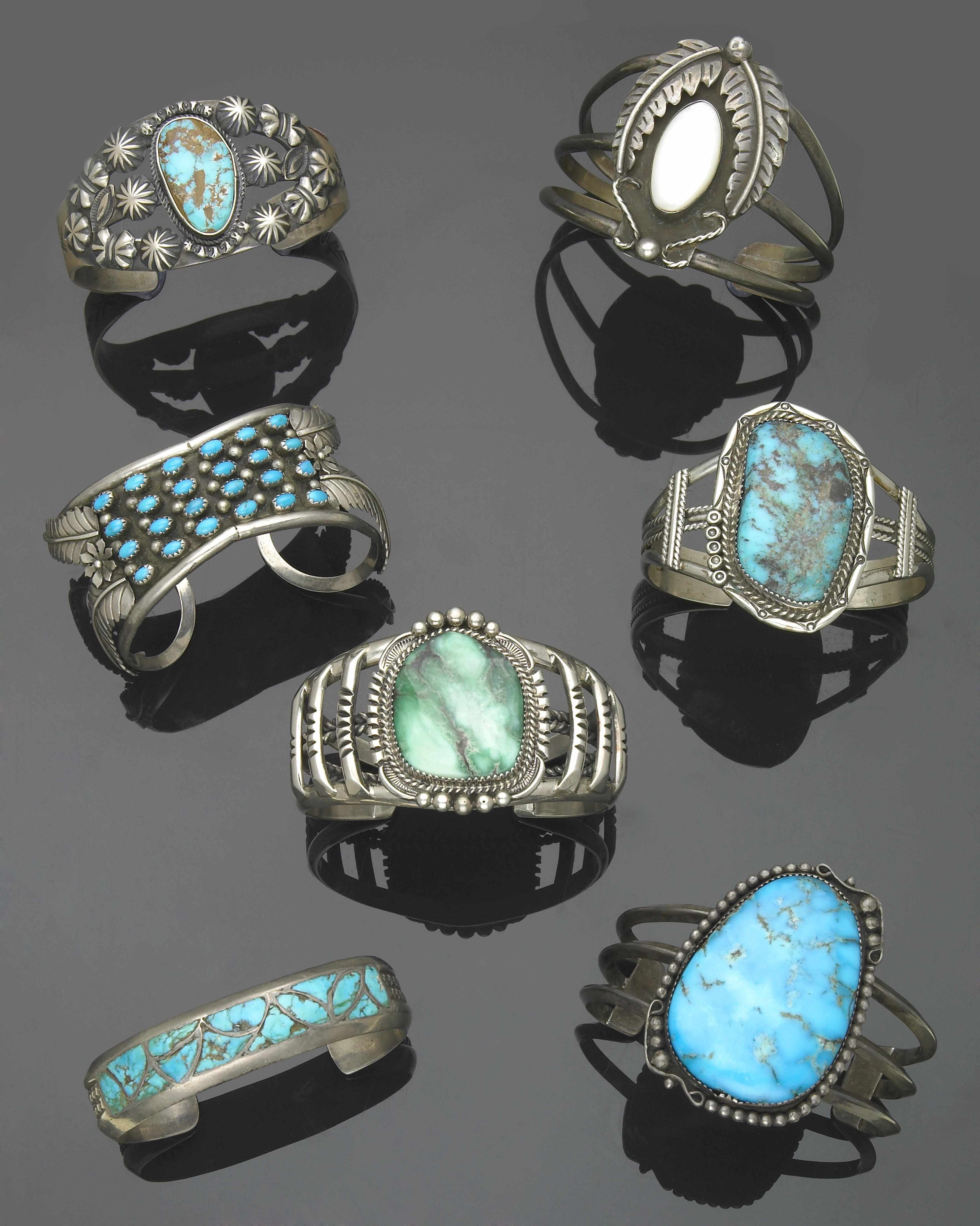 Appraisal: Group of Seven Native American Turquoise or Gem-set Silver Bangle