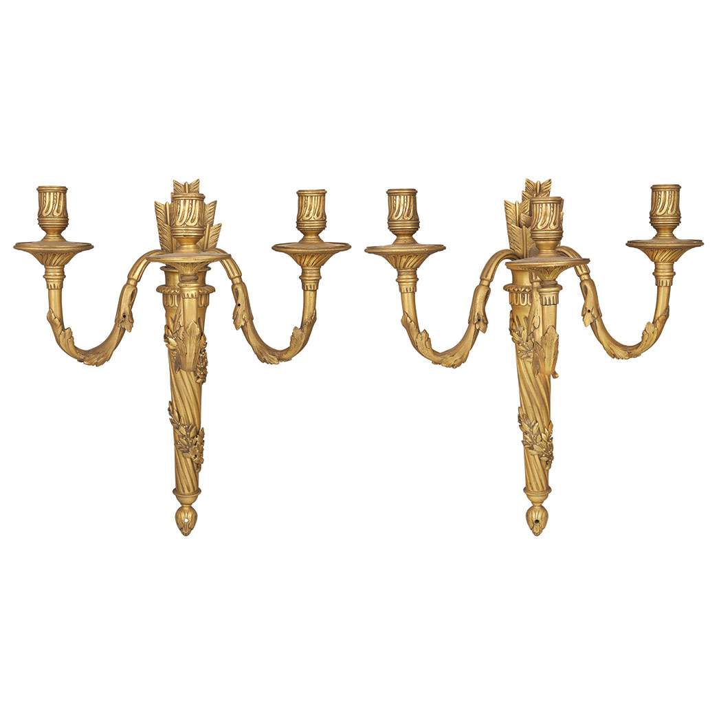 Appraisal: Pair of Louis XVI Style Gilt-Bronze Three-Light Sconces Each arrow