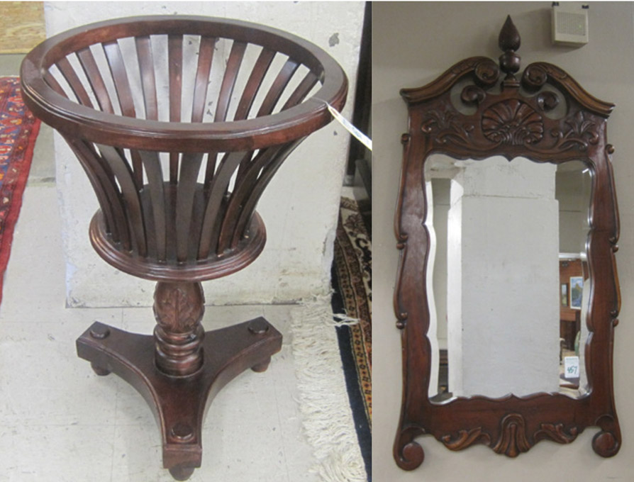 Appraisal: CARVED MAHOGANY WALL MIRROR AND JARDINIERE STAND Regency style jardiniere