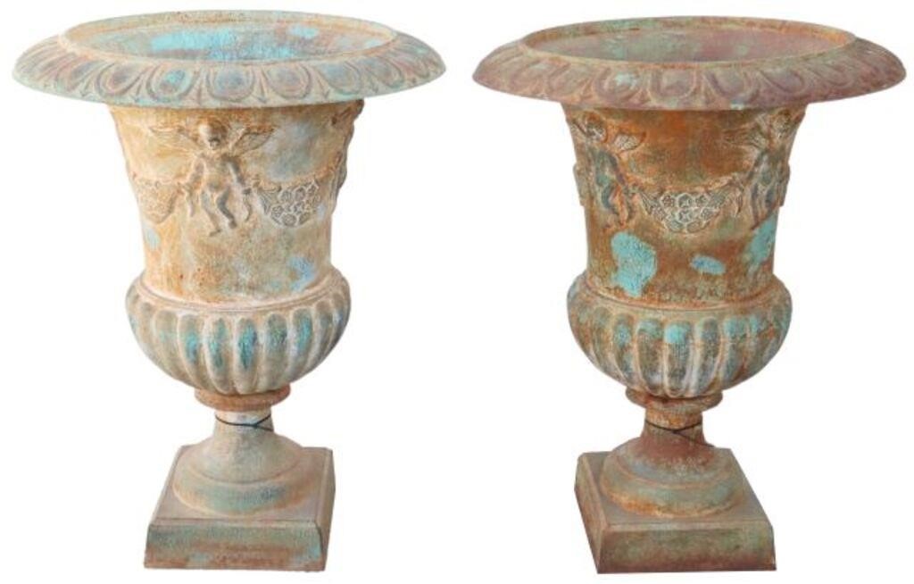 Appraisal: pair Verdigris patinated cast iron campana-form urn planter rim with