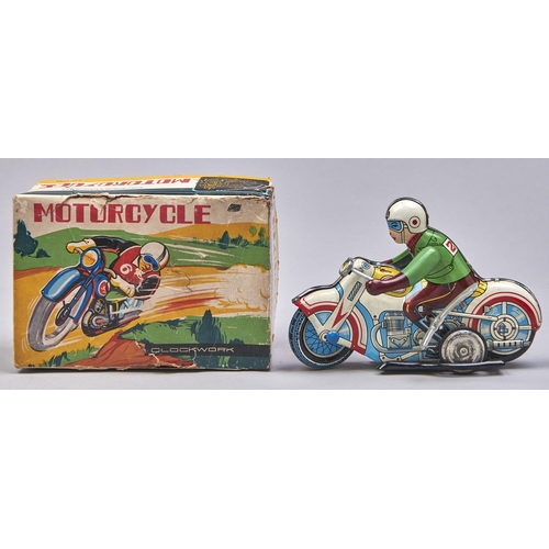 Appraisal: A lithographed tinplate clockwork motorcycle toy c original pictorial box