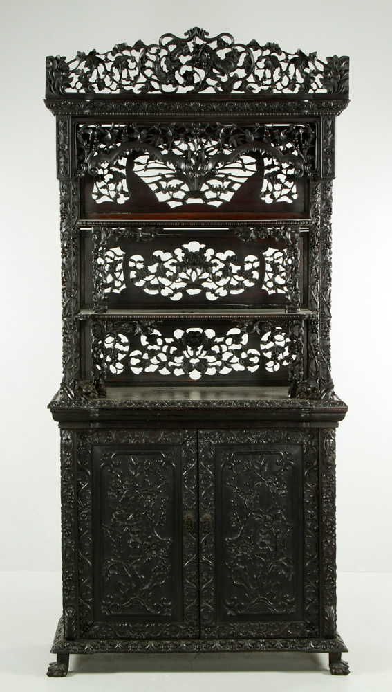 Appraisal: - Chinese Carved Suanzhi Wood Etagere Carved black suanzhi wood